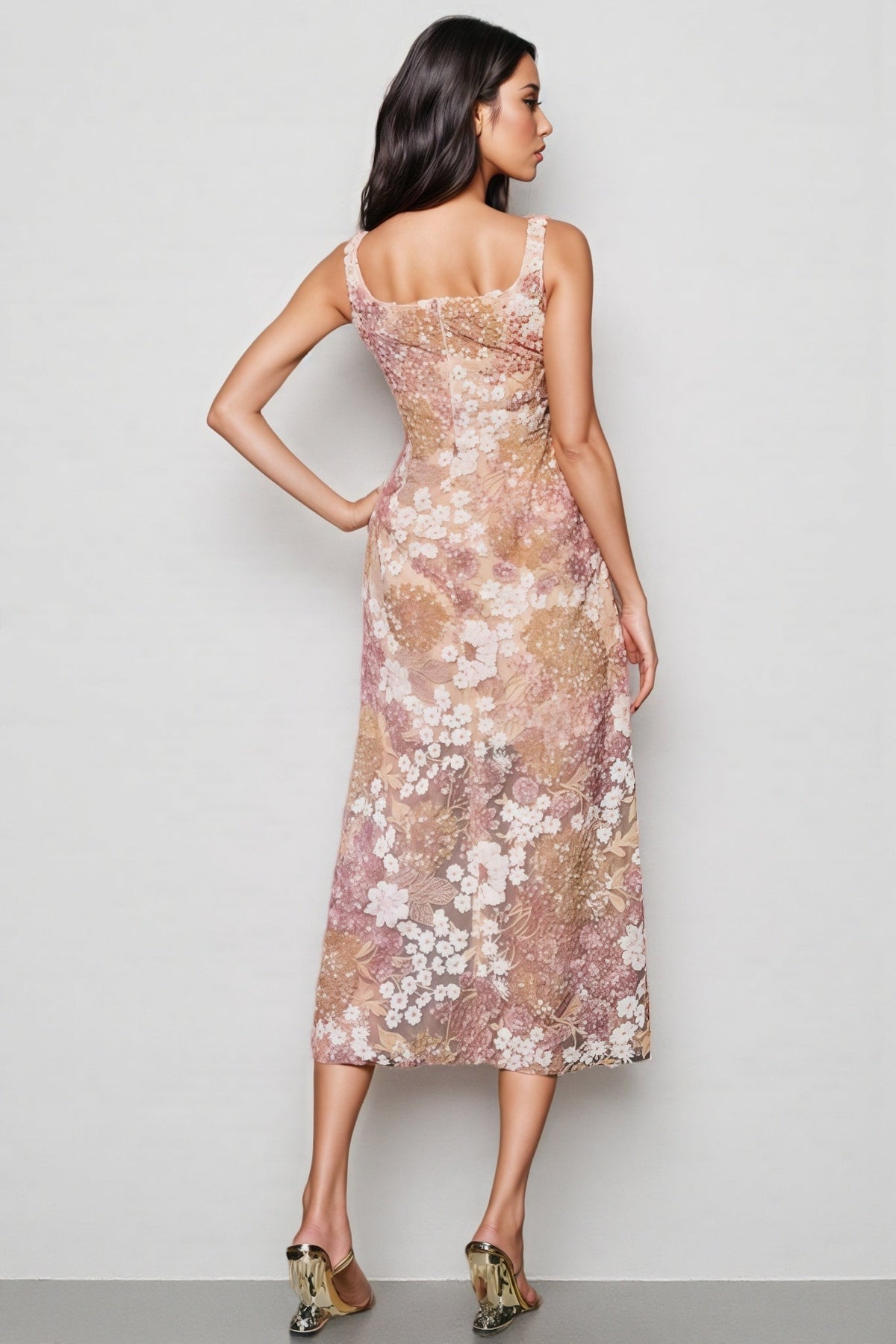 Floral Embroidered Square Neck A-Line Midi Dress - View 5