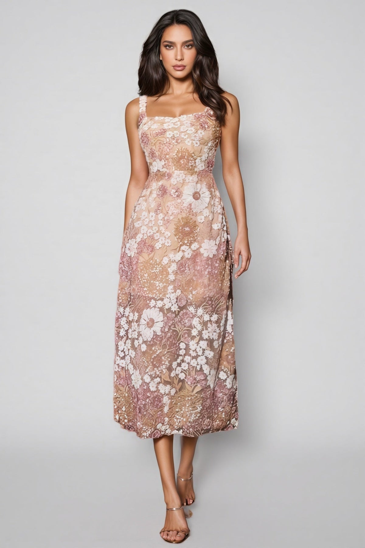 Floral Embroidered Square Neck A-Line Midi Dress