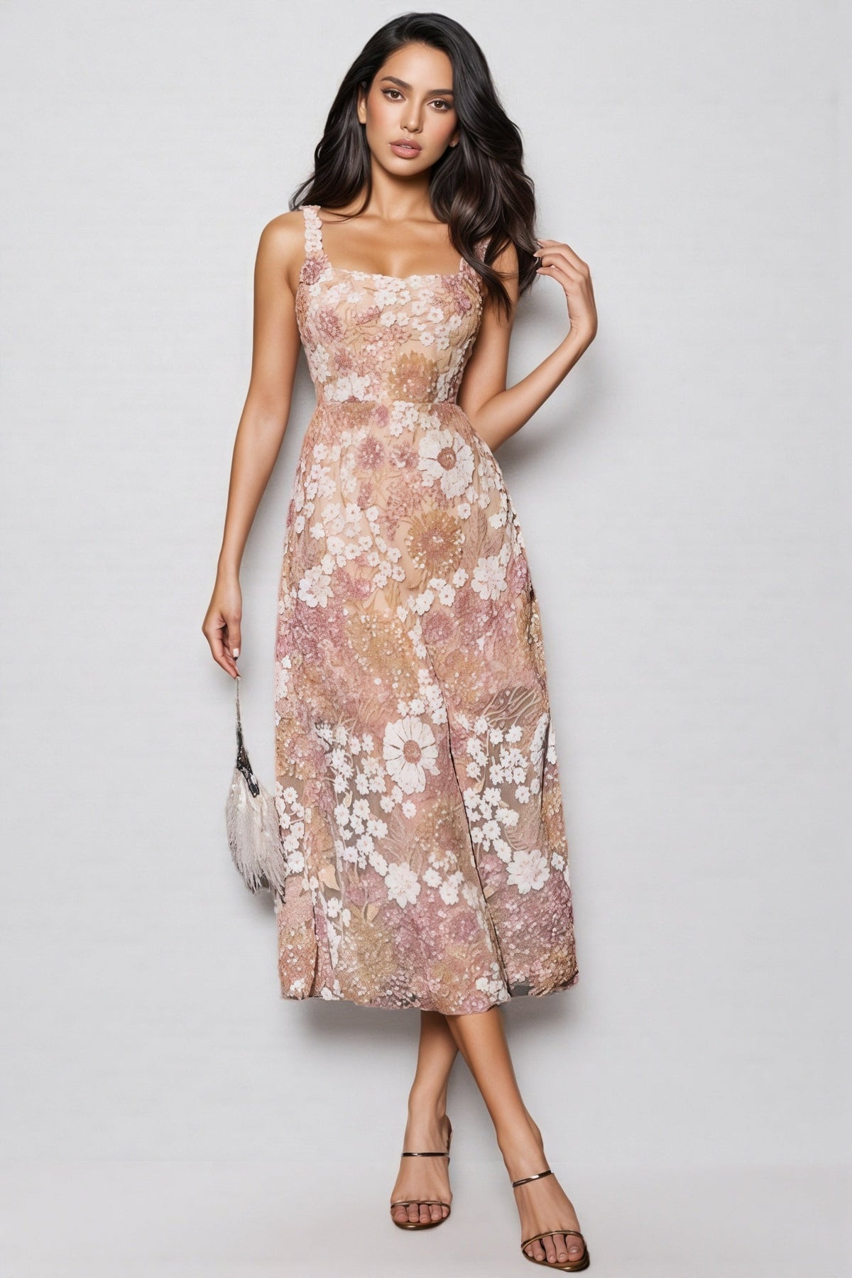 Floral Embroidered Square Neck A-Line Midi Dress - View 3