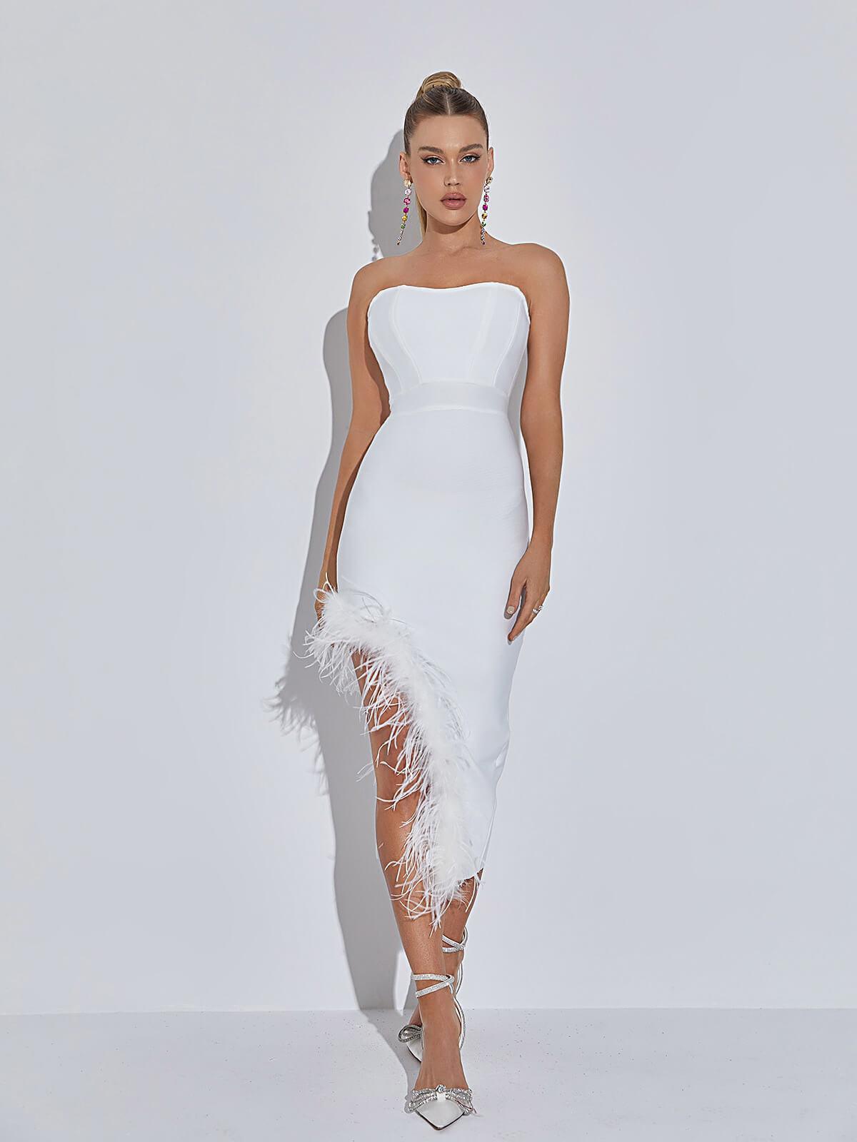 Esperanza Strapless Feather Bandage Dress In White