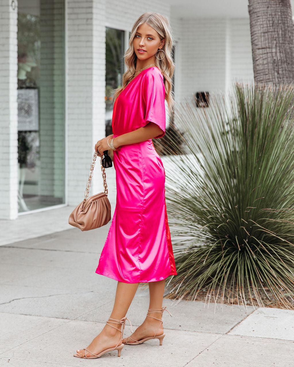 Essex Satin Colorblock Twist Midi Dress Red Pink FINAL - View 6