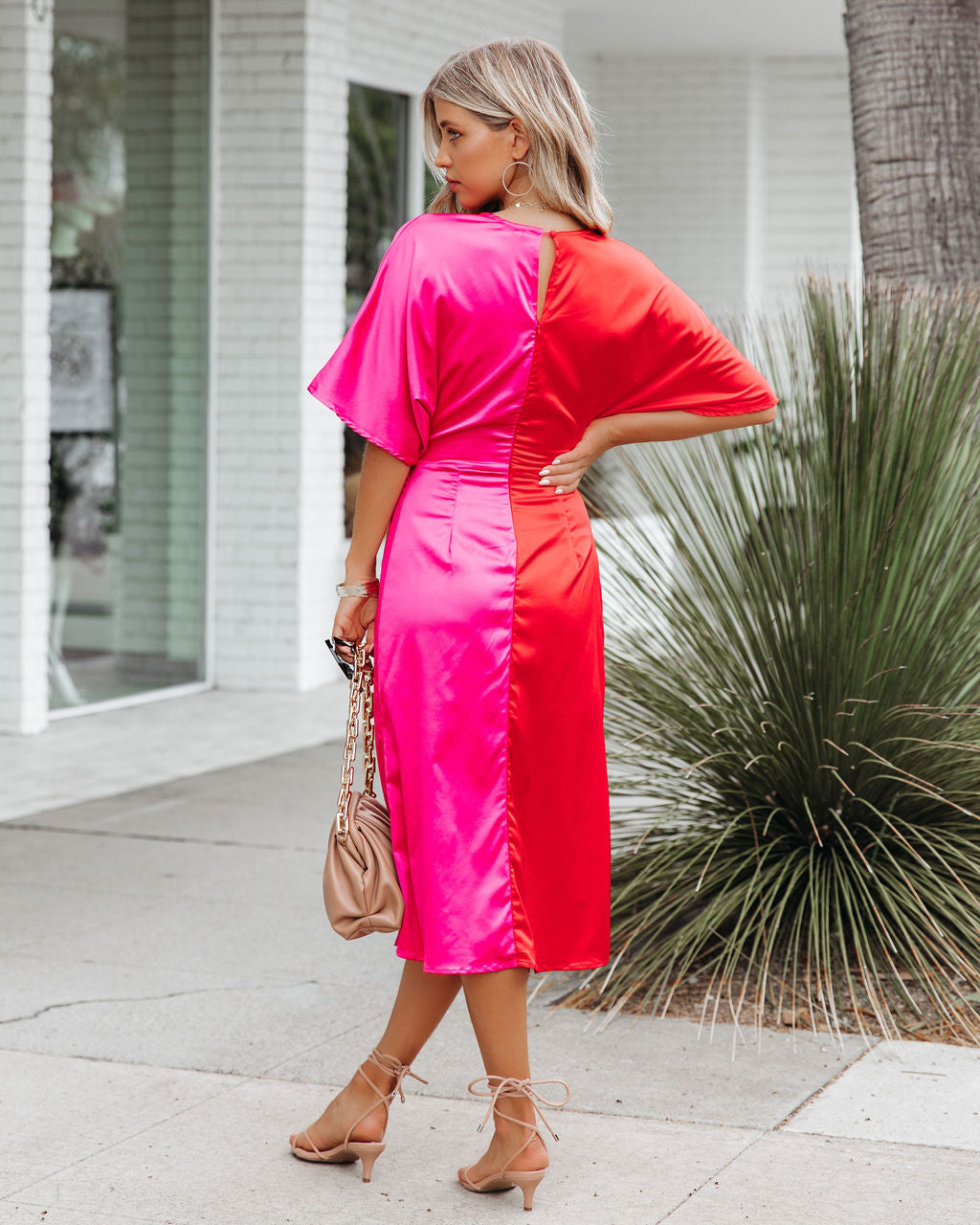 Essex Satin Colorblock Twist Midi Dress Red Pink FINAL - View 2