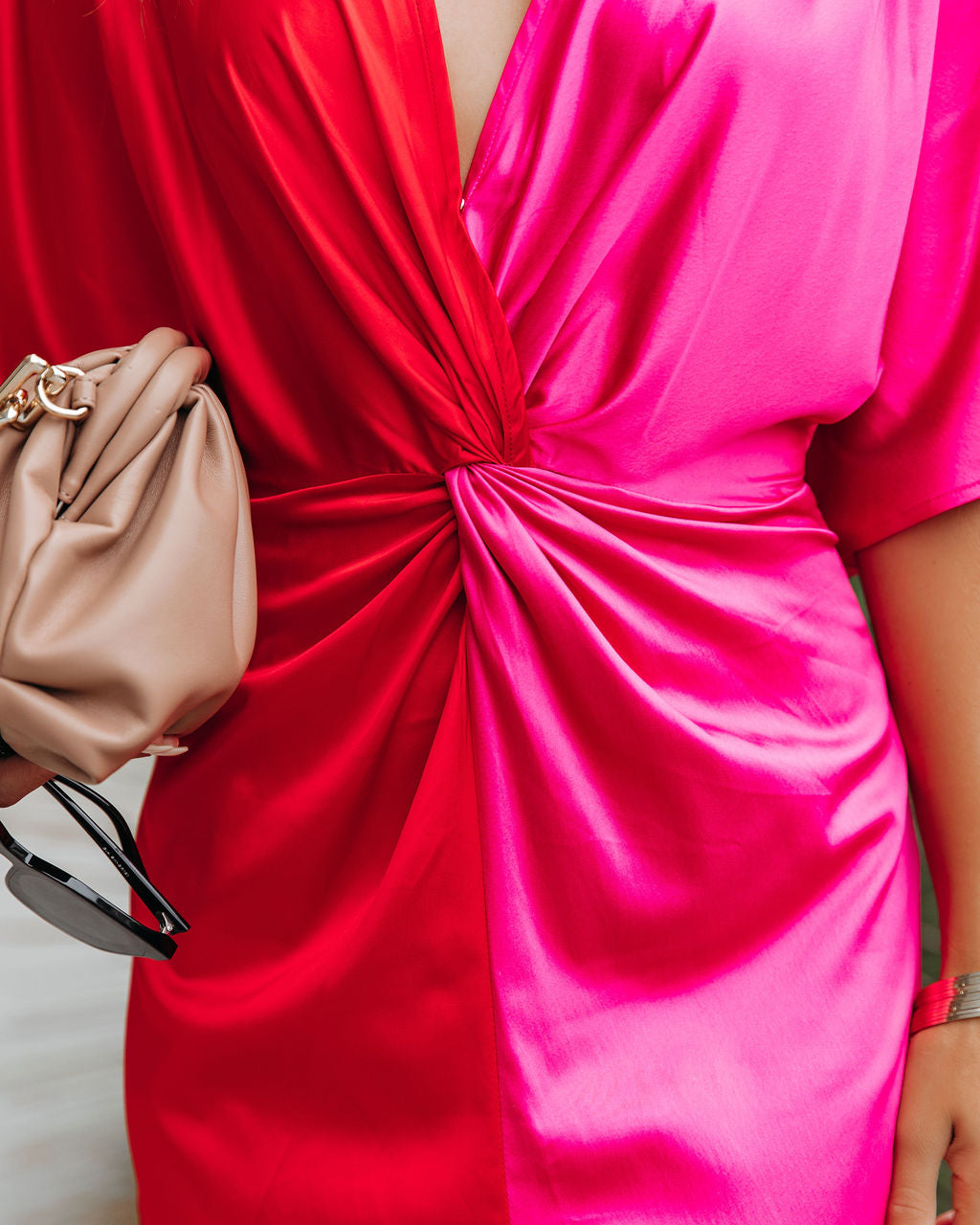 Essex Satin Colorblock Twist Midi Dress Red Pink FINAL - View 4