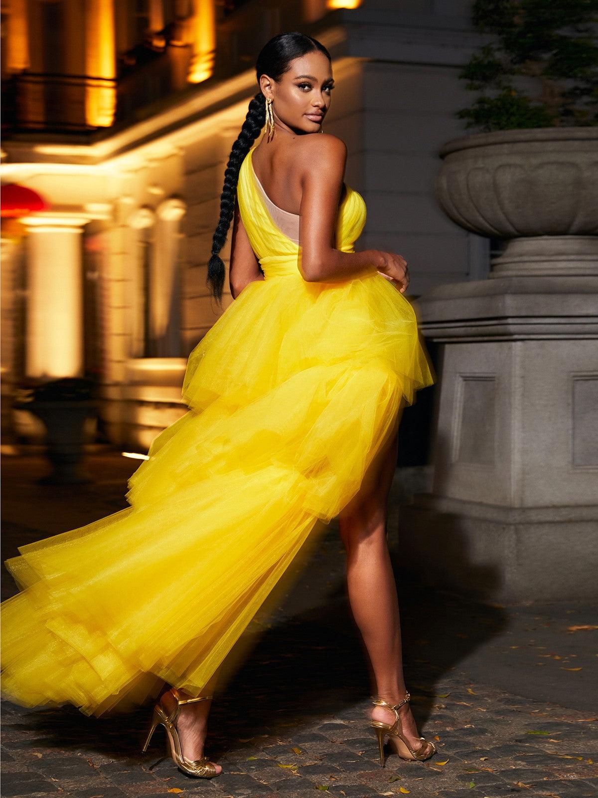 Tulle One-Shoulder Tiered Ruffle High-Low Dress 3