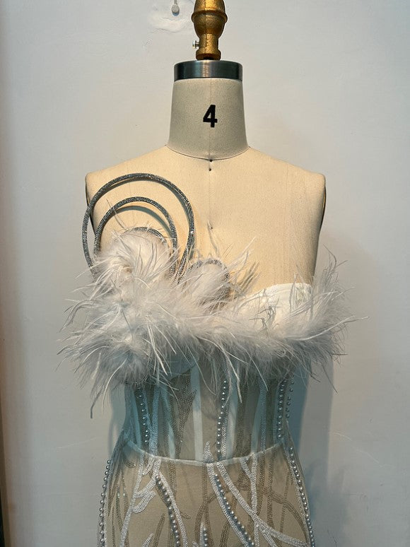 Esther Feathered Strapless Pearl Sequined Gown - Fashionpara