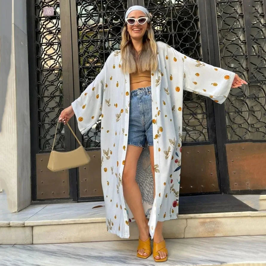 Ethnic Floral Long Sleeve Boho Kaftan Cover up - Fashionpara