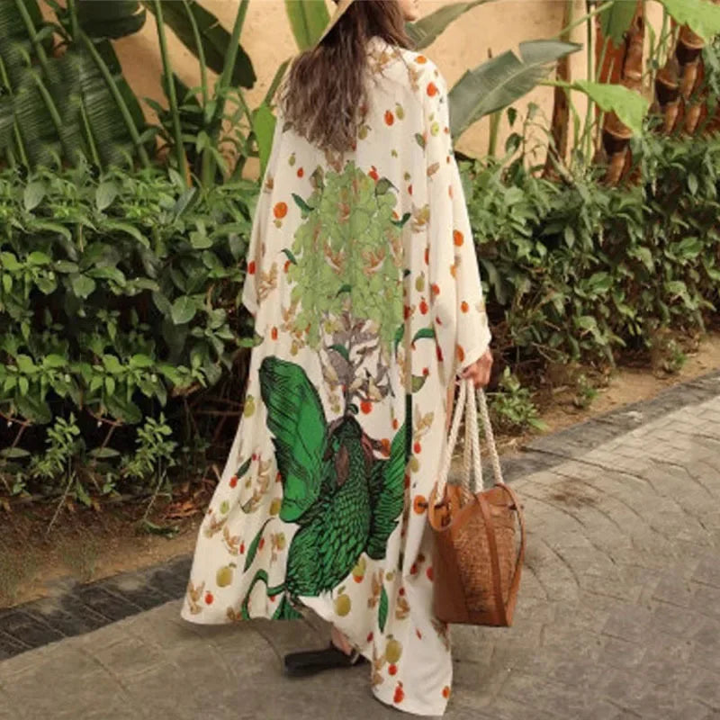 Ethnic Floral Long Sleeve Boho Kaftan Cover up - Fashionpara