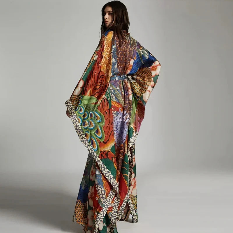 Chiffon Long Cardigan with Peacock Pattern for Boho Style