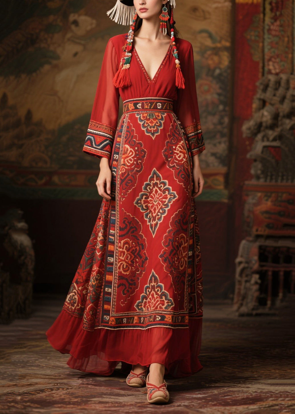 Chiffon Deep V-Neck Long Sleeve Medallion Print Belted Maxi Dress - View 5