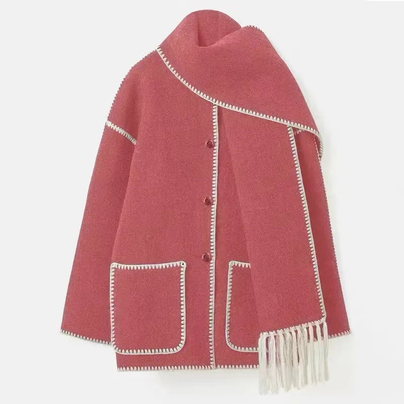 Fashion Woolen Coat With Scarf Tassels Overcoat