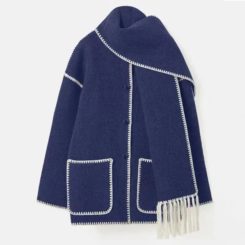 Fashion Woolen Coat With Scarf Tassels Overcoat