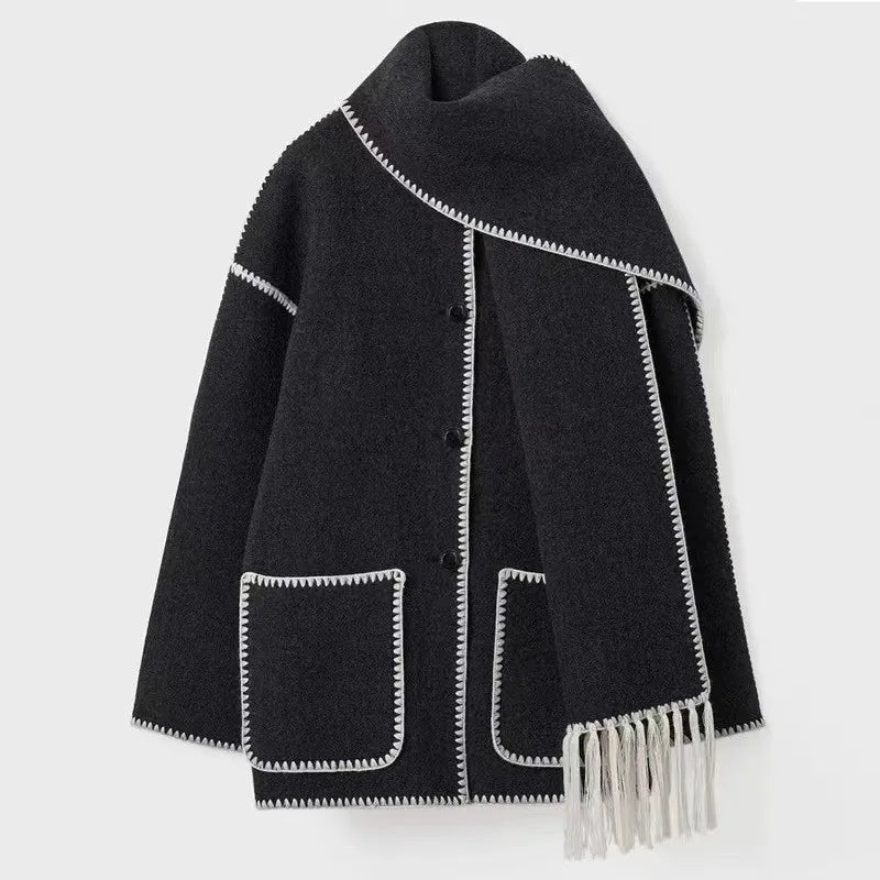 Fashion Woolen Coat With Scarf Tassels Overcoat
