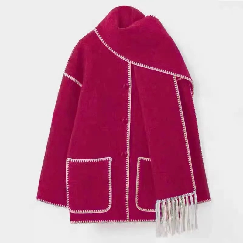 Fashion Woolen Coat With Scarf Tassels Overcoat