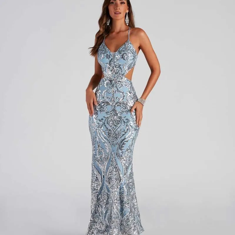Sequin Paisley V-Neck Cut Out Mermaid Gown 2