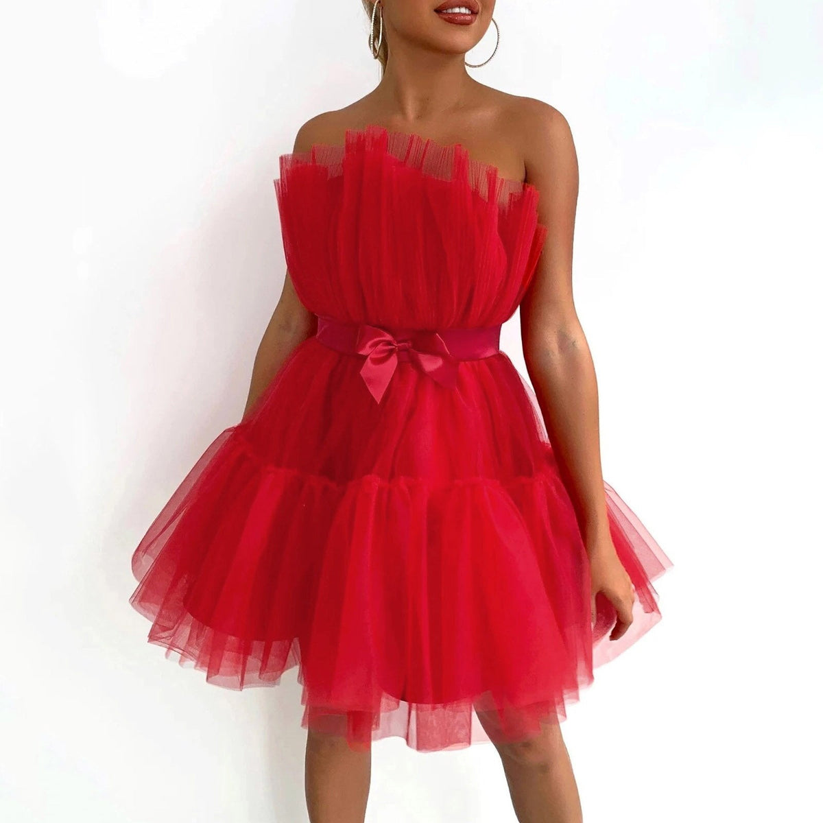 Tulle Strapless Ruffle Tiered A-Line Mini Dress 8