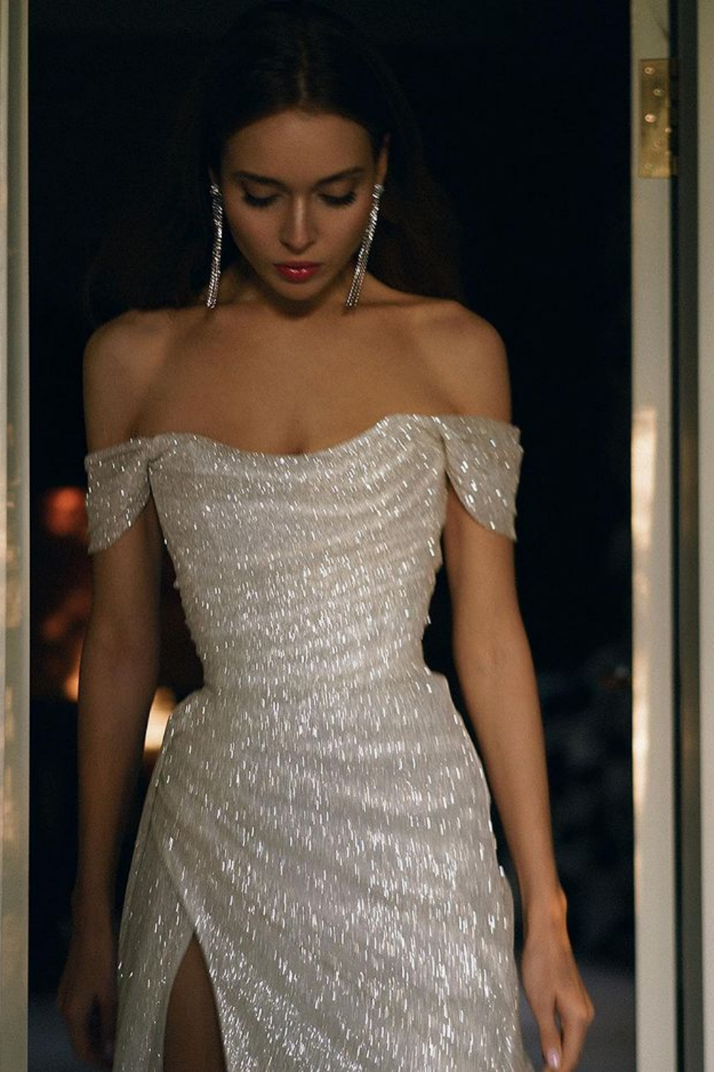 Elegant Mermaid Off the Shoulder Silver Sequins Long Prom Dress with Split Front - Fashionpara