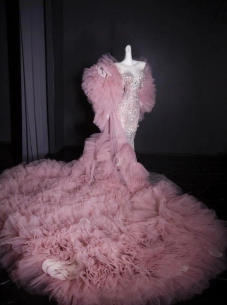 Gorgeous Strapless Pink Sequin Beaded Mermaid  Long Evening Dress Party Dress With Cape D1196