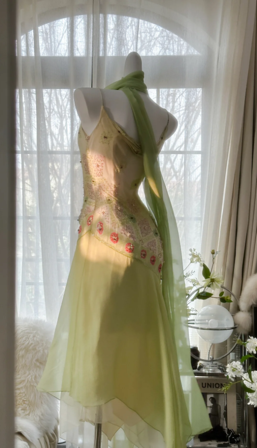Classy Spaghetti Straps Light Green Chiffon Beaded Mermaid Long Party Dress Evening Gown D1790