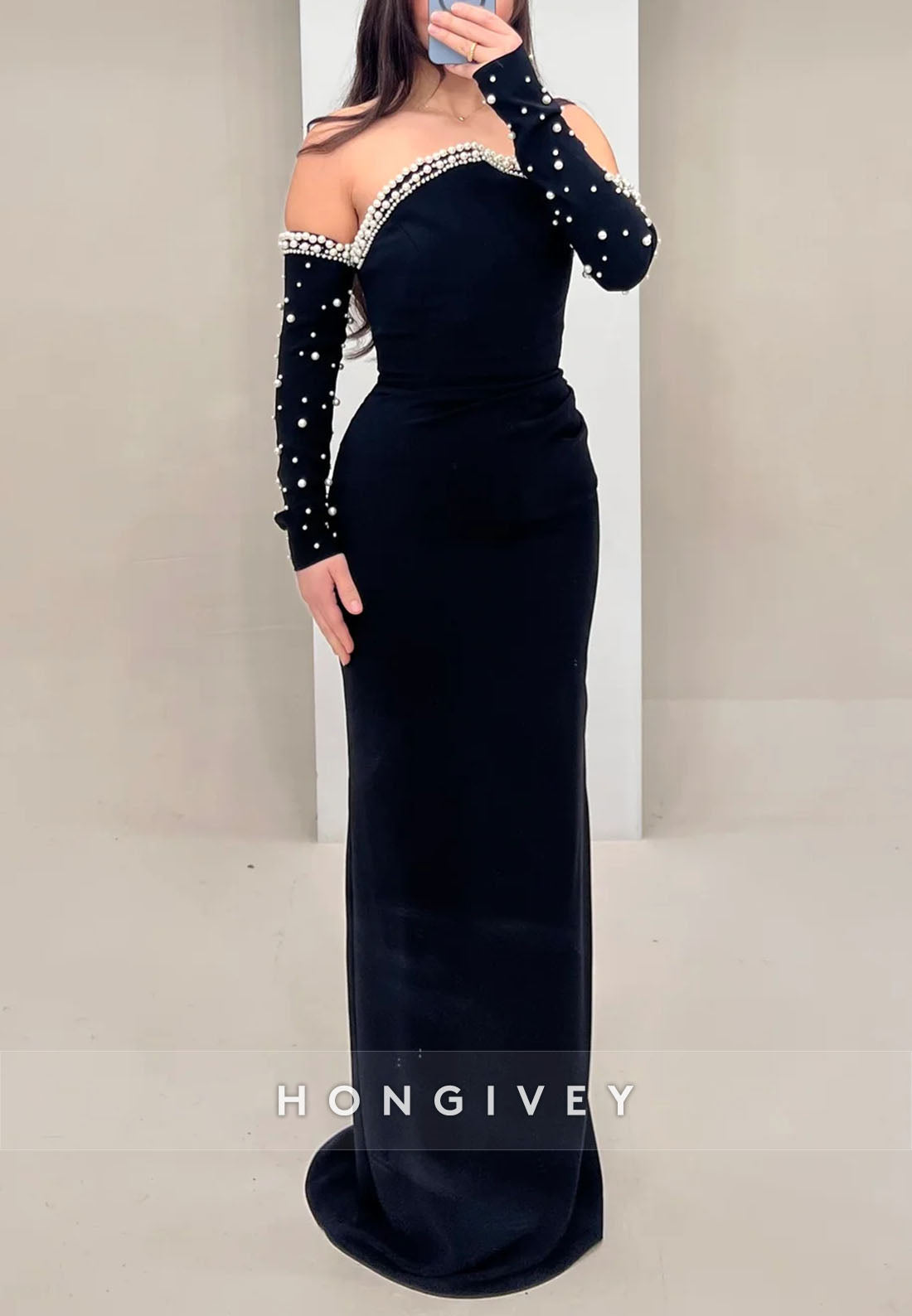 Off the Shoulder Floor-Length Column Long Sleeve Pleated Beading Evening Gown