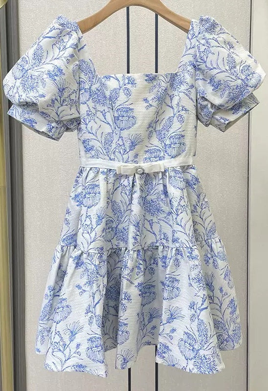 Chic Blue Satin Print Floral A Line Short Prom Dress Homecoming Dress D787