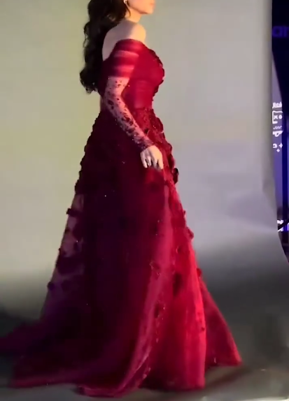 Pretty Off The Shoulder Ball Gown Red Organza Appliques Long Party Dress Birthday Outfits D1298