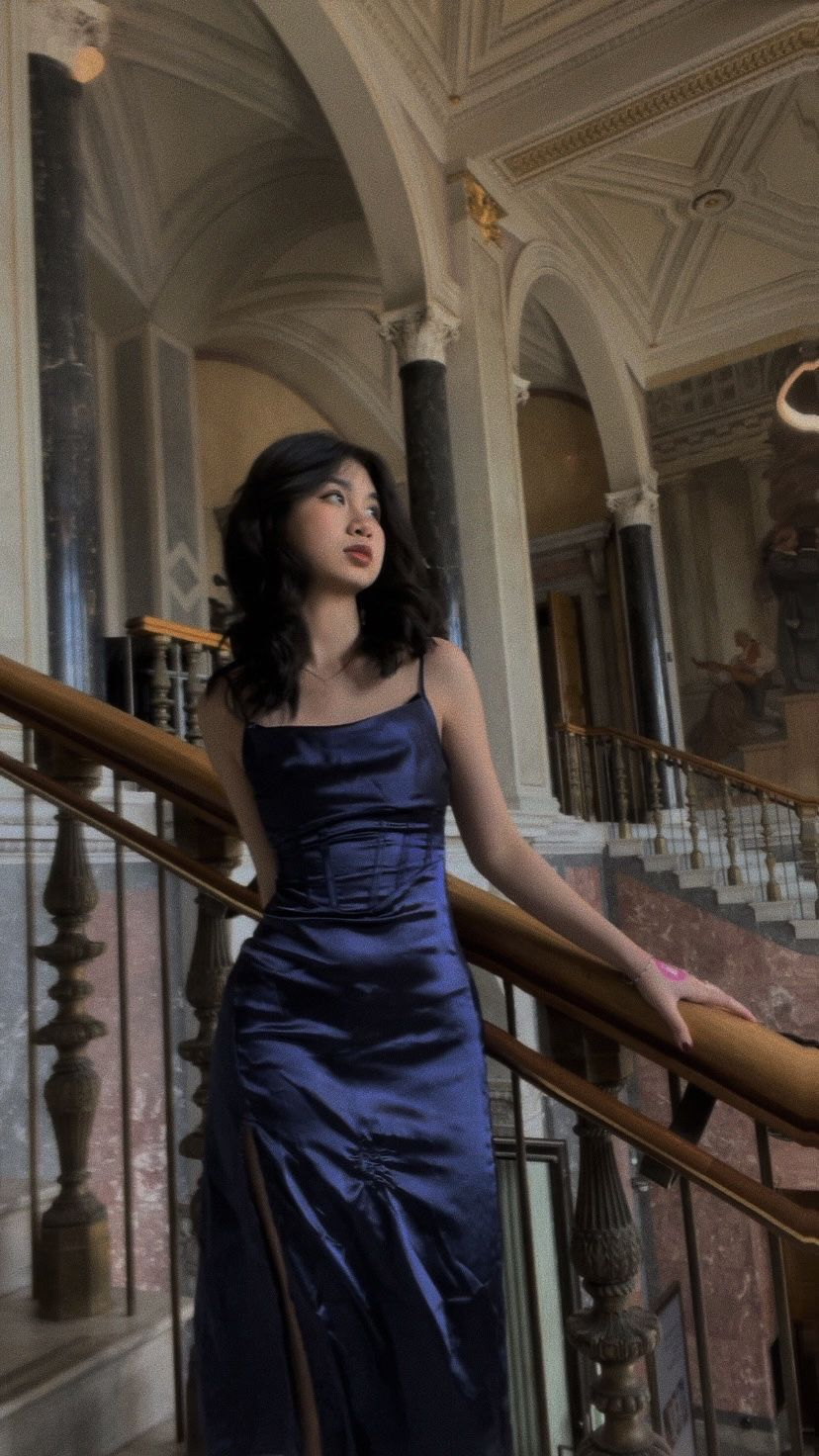 Simple Spaghetti Straps Navy Blue Satin Slit Mermaid Long Party Dress Evening Gown D1581