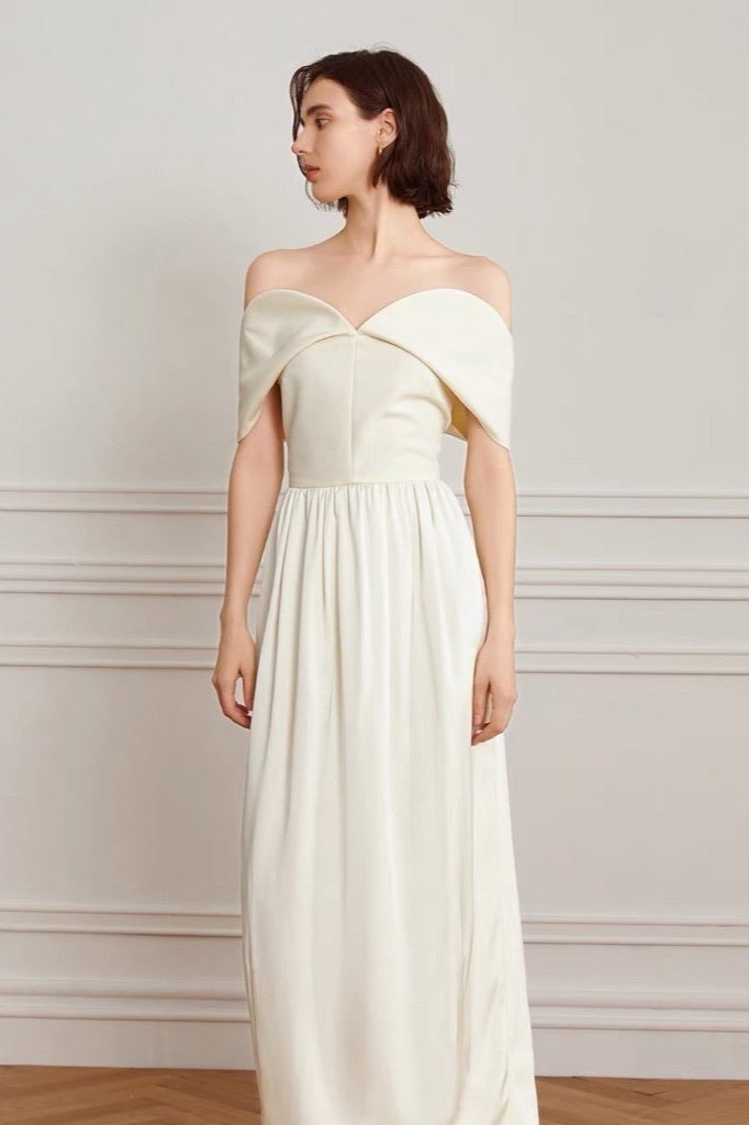 Off Shoulder Wrap Draped Bodice Gathered Waist Maxi Gown