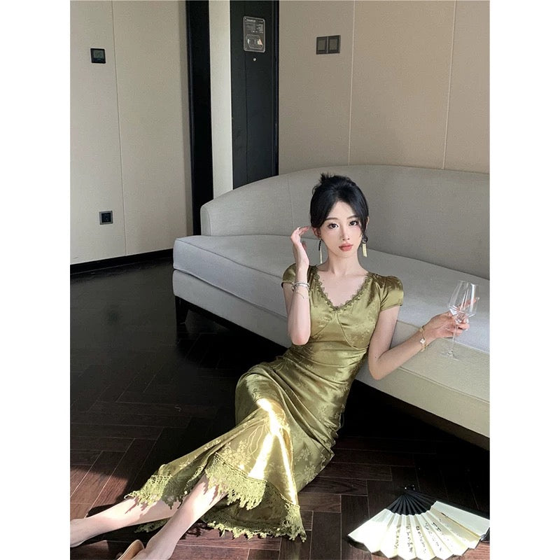 Sexy Mermaid V Neckline Short Sleeves Lace Green Floor Length Evening Dress Prom Dresses SD1604