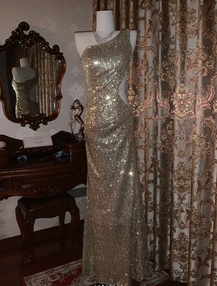 Sparkly Gold One Shoulder Sequin Mermaid Evening Dress Long Party Gown D1722