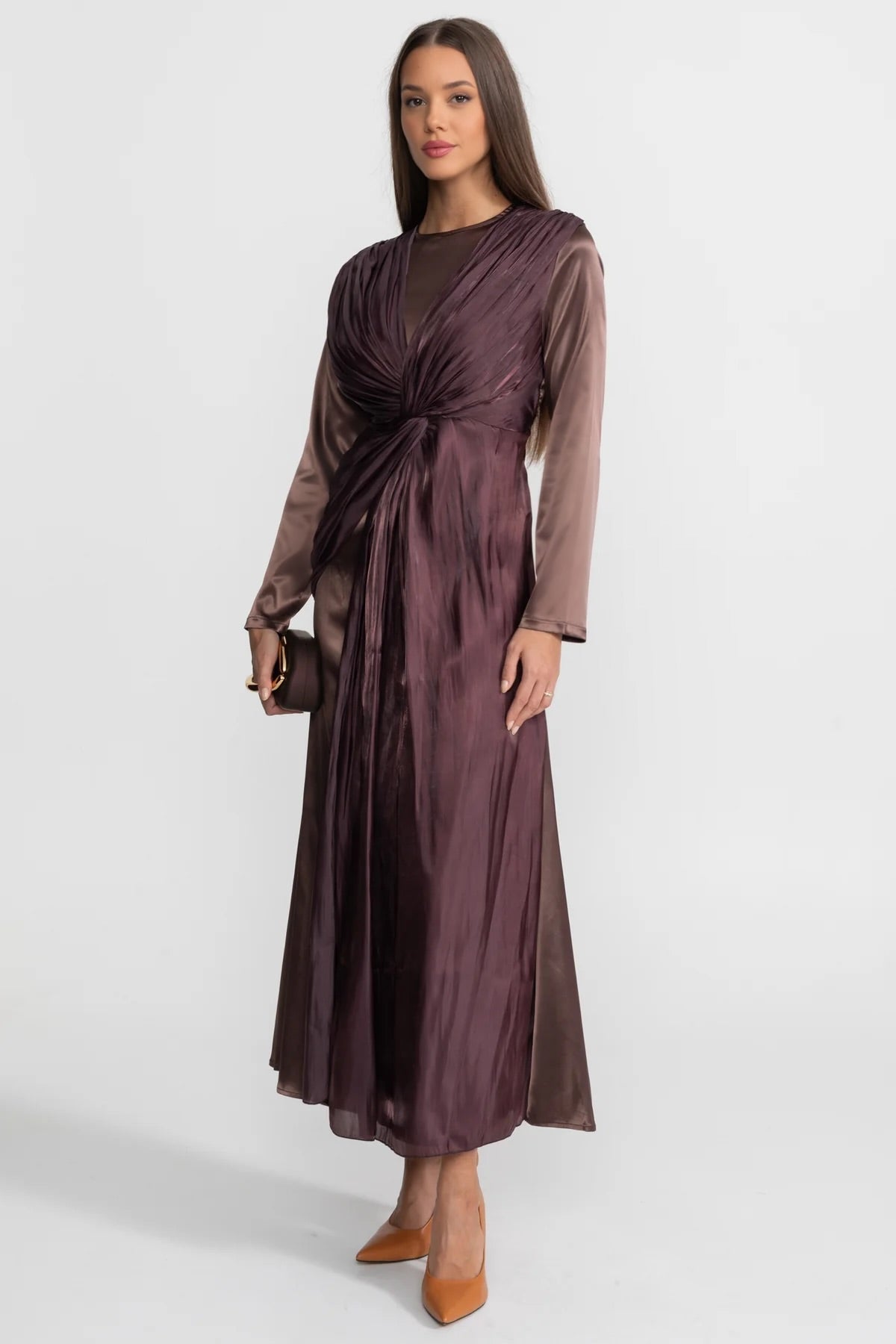 Satin Midi Dress with Draped Overlay and Knot Detail - Brown - View 4