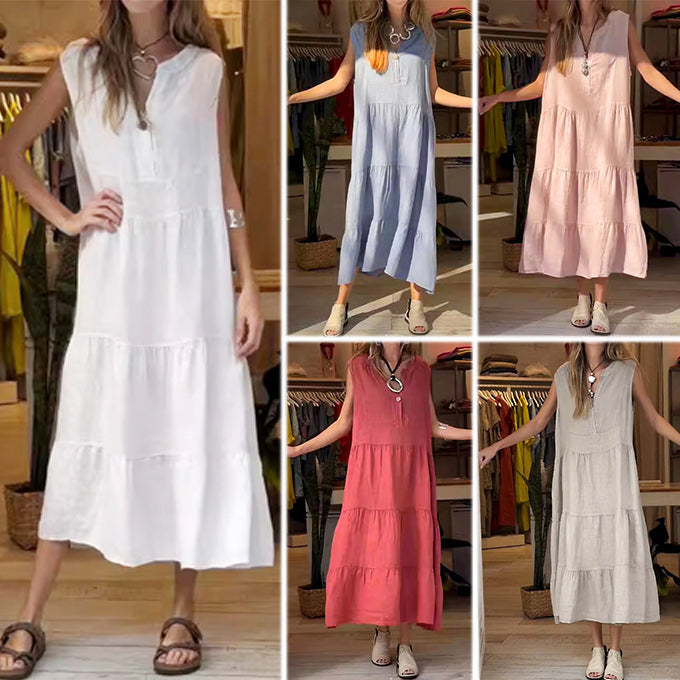 Sleeveless V-Neck Button Front Tiered Relaxed Fit Midi Summer Dress