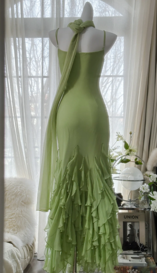 Beautiful Green Spaghetti Straps Chiffon Ruffles Mermaid Long Party Dress Birthday Prom Dresses D1791
