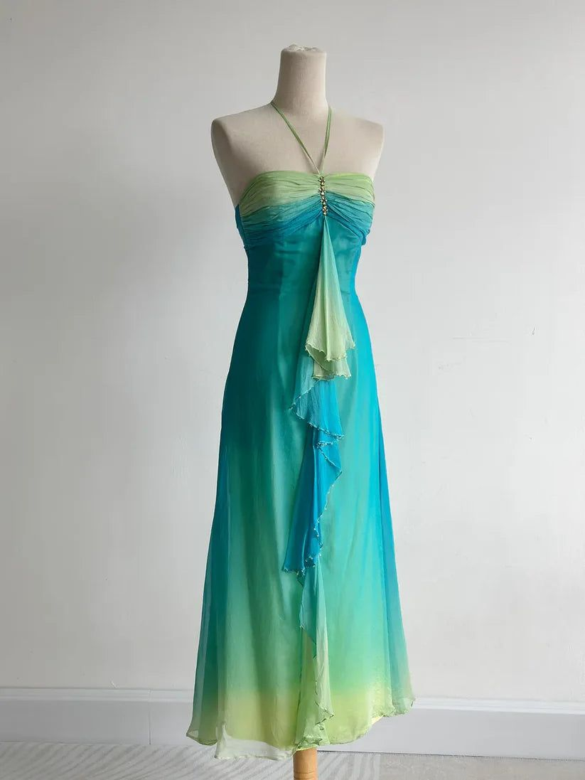 Unique Halter Ombre Chiffon Long Birthday Party Dress Evening Gown D1486