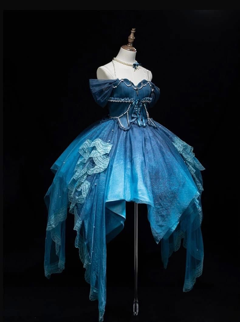 Unique Ombre Blue Sweetheart Neck Tulle Lace A Line Short Party Dress Off The Shoulder Birthday Outfits S822