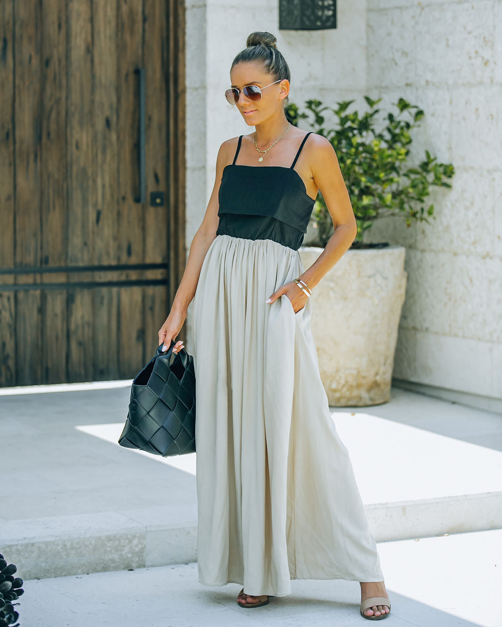 Marcellus Pocketed Colorblock Maxi Dress - Black Nude