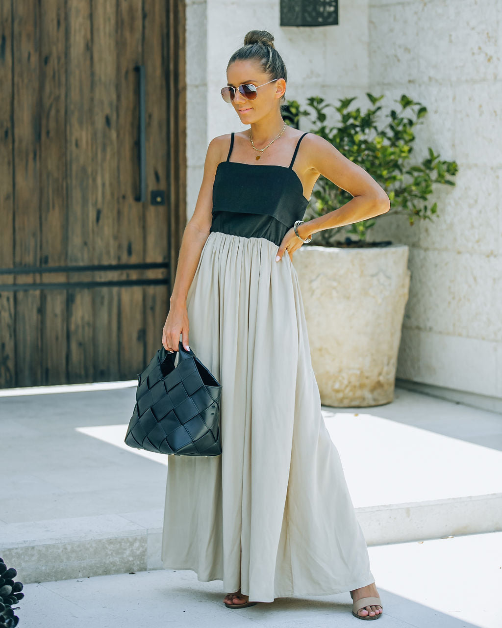Marcellus Pocketed Colorblock Maxi Dress - Black Nude