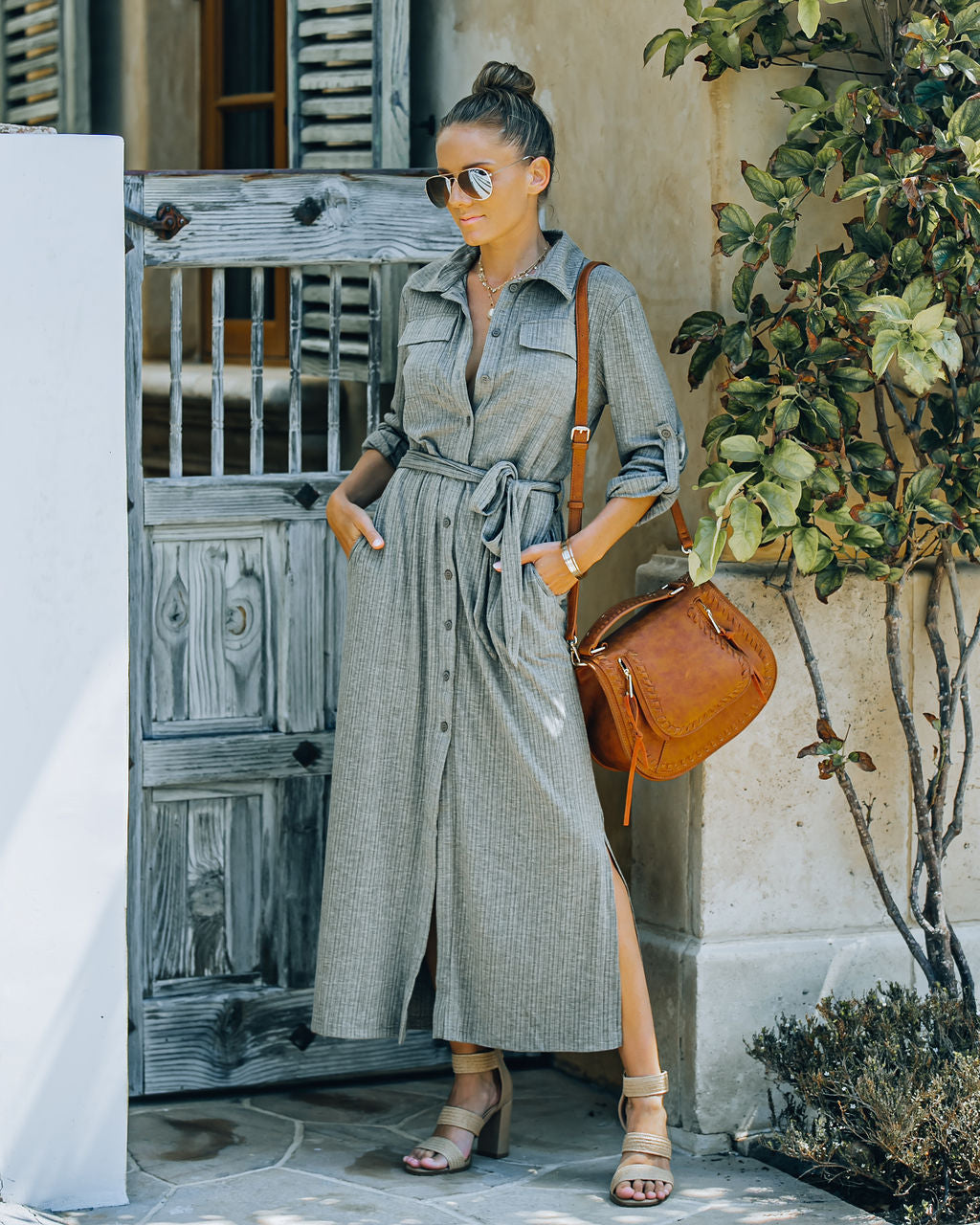 Striped Long Sleeve Button Front Belted Shirt Maxi Dress