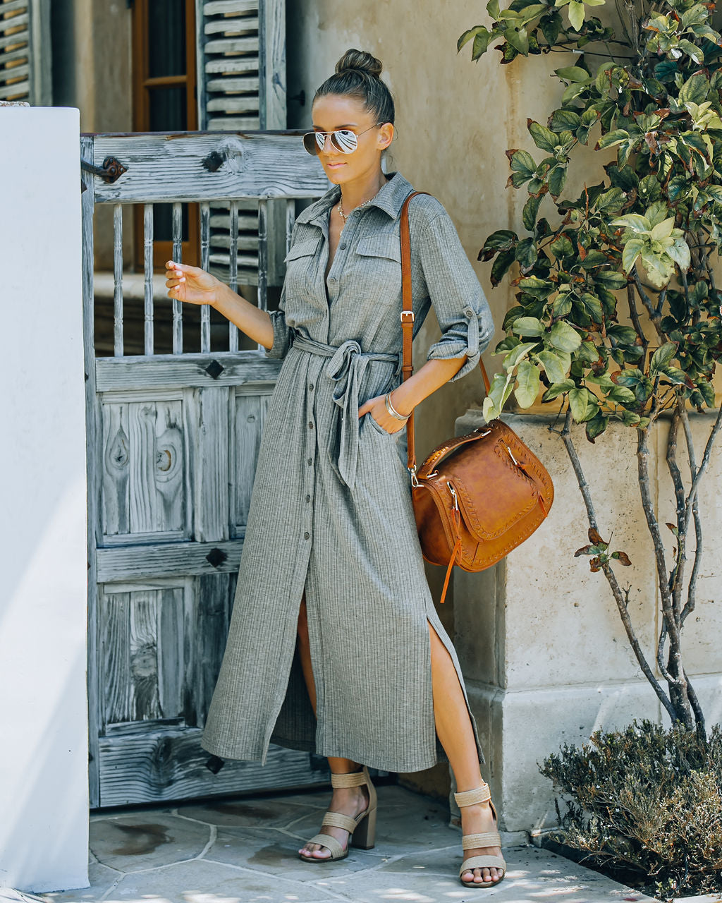 Striped Long Sleeve Button Front Belted Shirt Maxi Dress