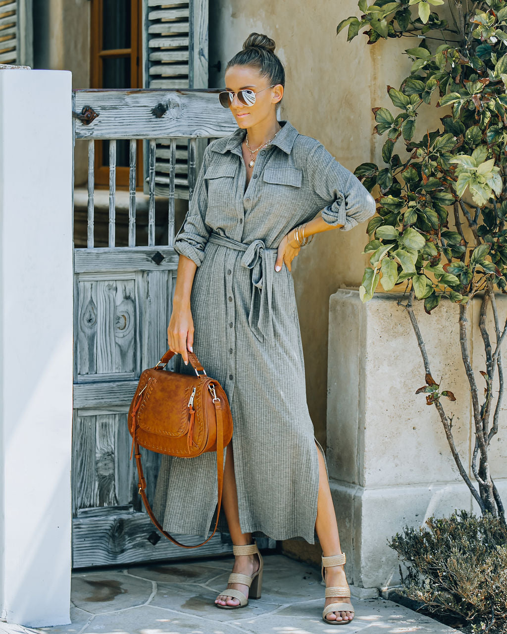 Striped Long Sleeve Button Front Belted Shirt Maxi Dress