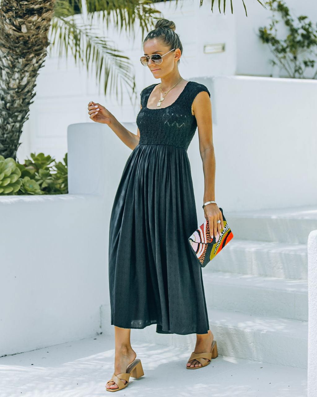 Naite Pocketed Smocked Midi Dress - Black