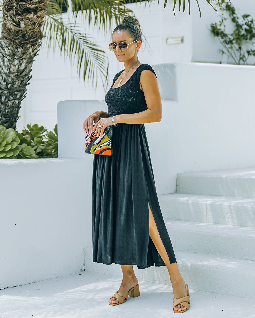 Naite Pocketed Smocked Midi Dress - Black