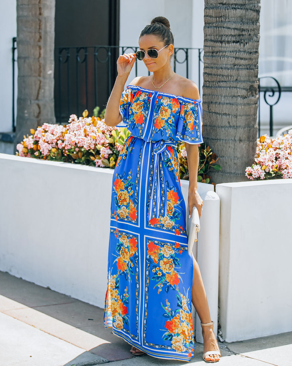 Floral Print Off Shoulder Flounce Maxi Dress