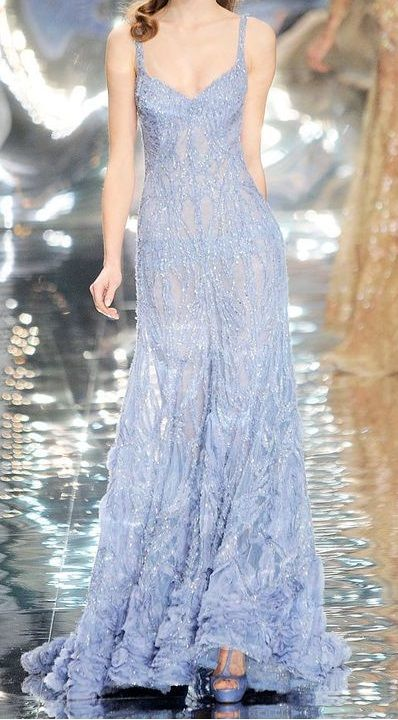 Gorgeous Blue Spaghetti Straps Tulle Sequin Beaded Mermaid Long Prom Dress Evening Gown D1420