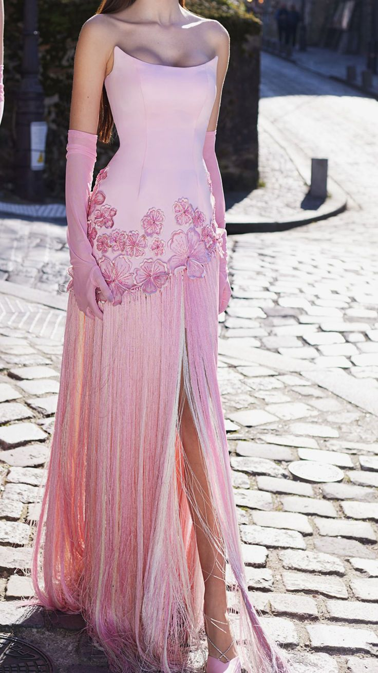 Pretty Pink Strapless Chiffon Appliques Tassel Long Prom Dress Party Dress With Gloves D881