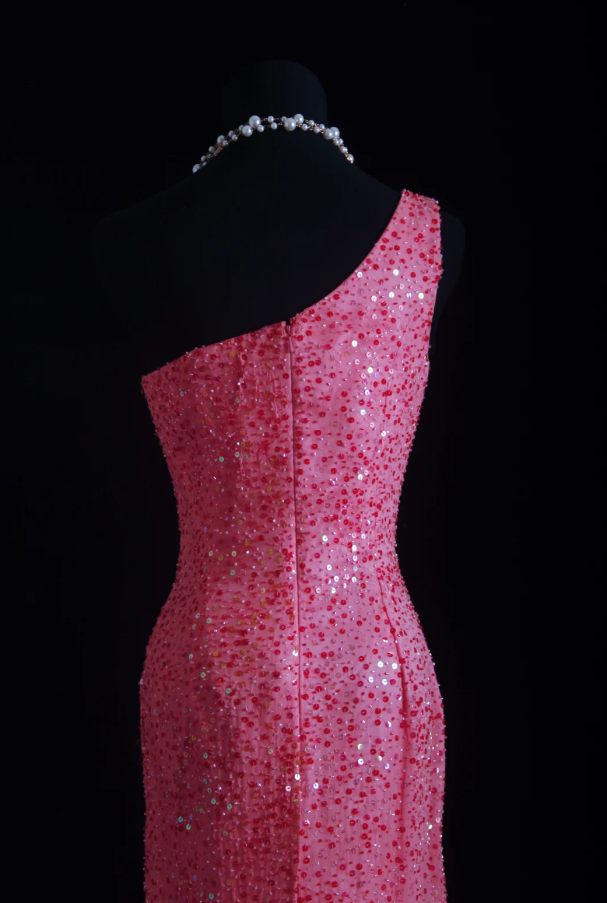 Gorgeous Pink One Shoulder Sequin Beaded Slit Mermaid Long Party Dress Evening Gown D1681