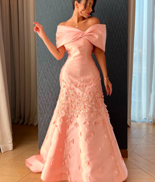 Chic Off The Shoulder Satin Beaded Appliques Pink Long Party Dress Evening Gown D1208