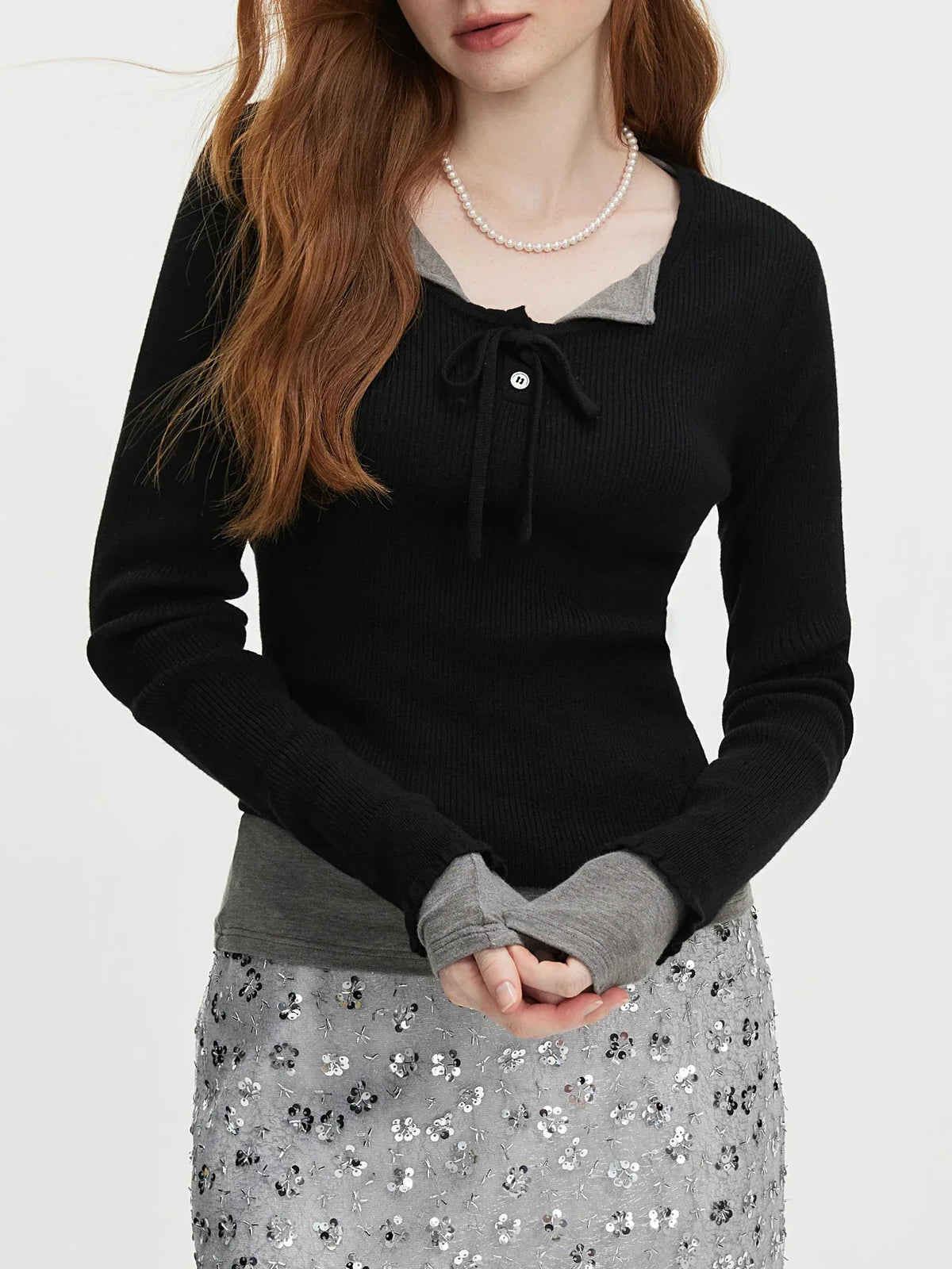 3.9% Wool U - Neck Lace - Up Slim Sweater 2