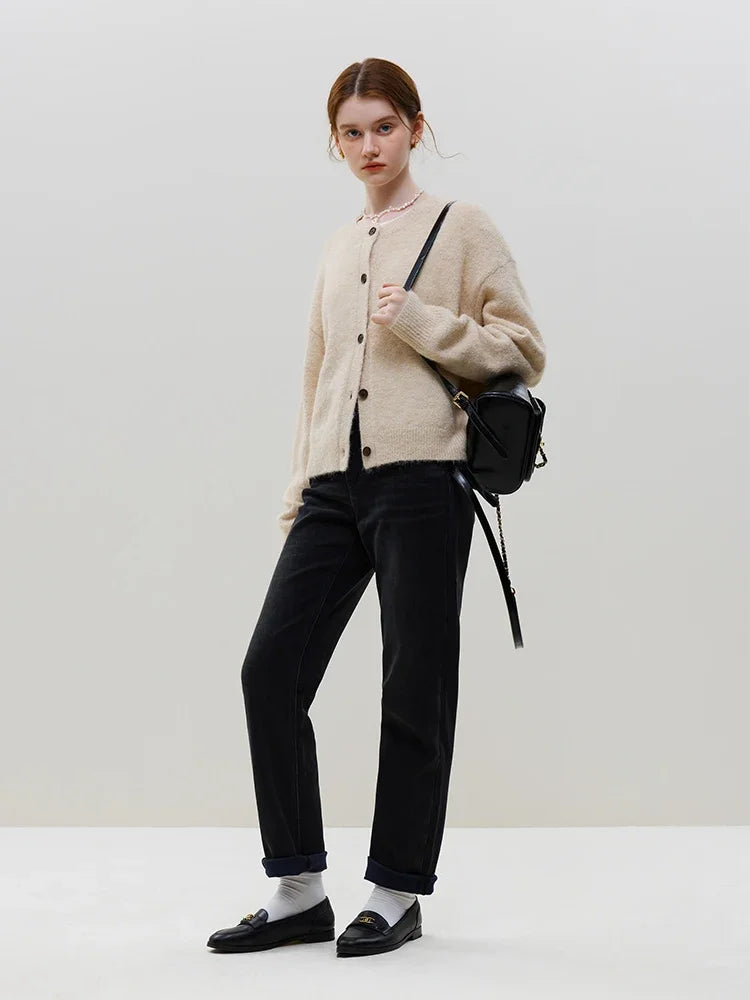 Round Neck Drop Sleeve Warm Casual Contrast Color Button Cardigan 2
