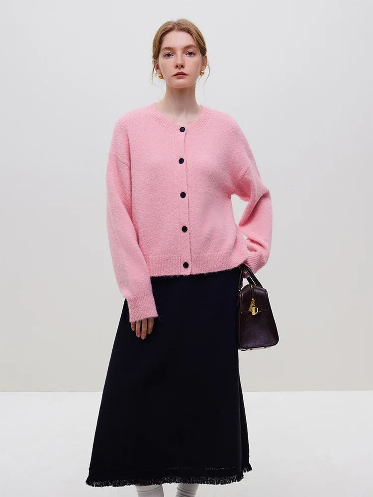 Round Neck Drop Sleeve Warm Casual Contrast Color Button Cardigan 4