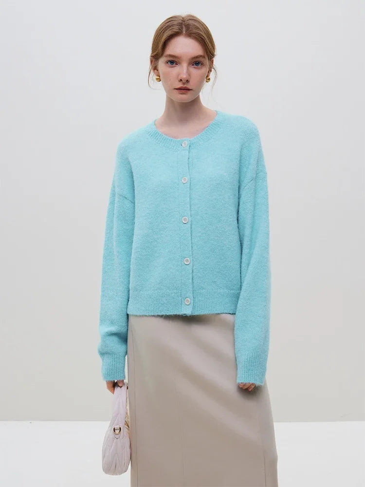 Round Neck Drop Sleeve Warm Casual Contrast Color Button Cardigan 3